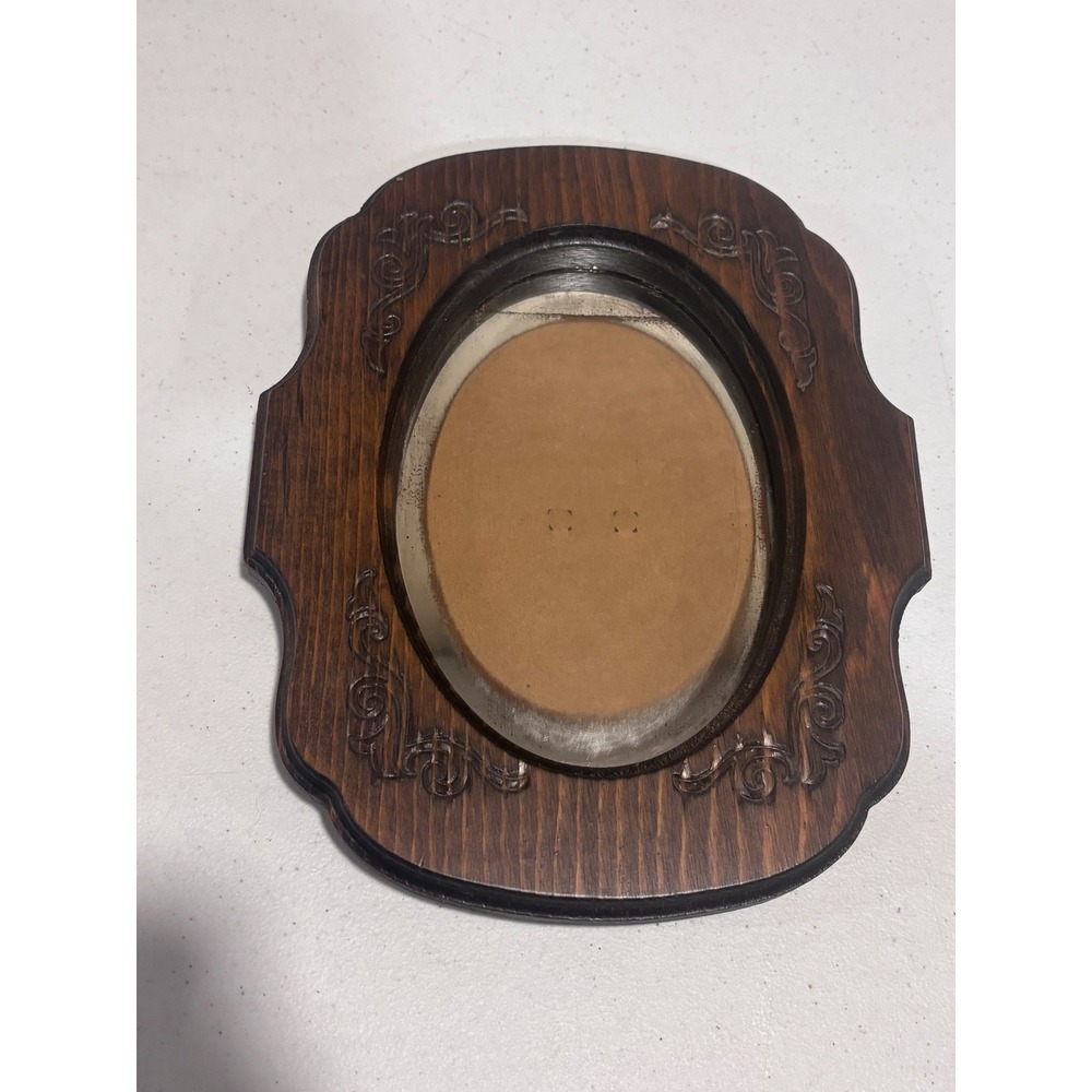 Vintage Dark Oak Wood Oval Picture Frame with Bubble Glass and Scroll Carvings